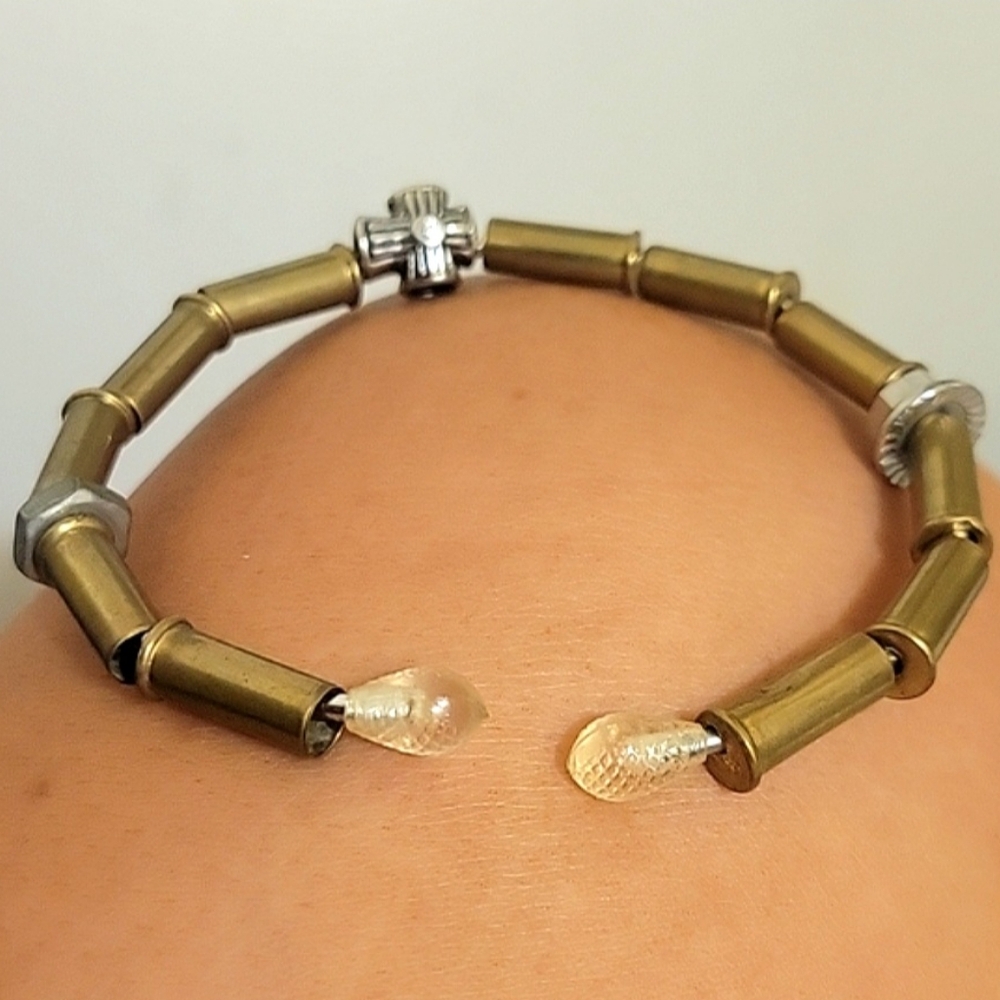 Brass 22 bullet casings nuts bolts cross charms vtg screw unisex ammo bracelet